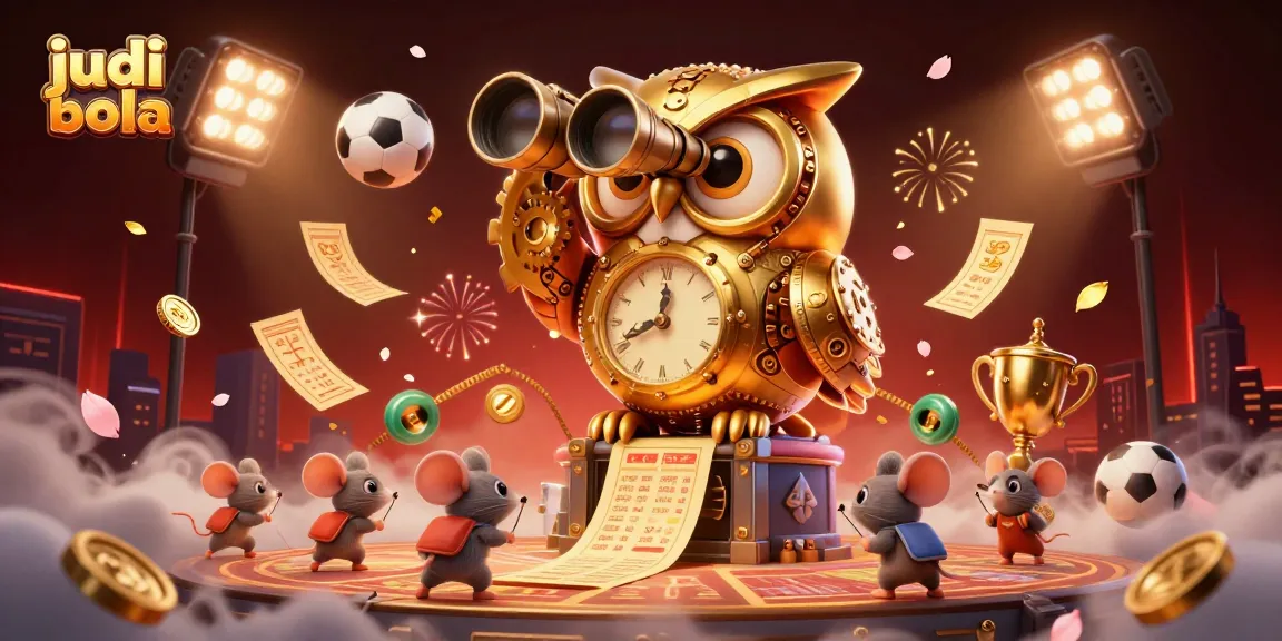 Bet on judi bola with a vibrant scene featuring an owl overlooking a sportsbook with colorful betting elements.