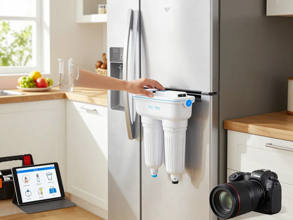 Installation of Waterdrop Plus RPWF Refrigerator Water Filter in a modern kitchen, showcasing ease of use and sleek design.