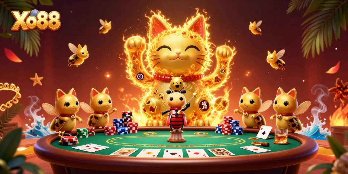 Xo88 engages players with a vibrant 3D casino scene featuring a lucky cat and poker elements.