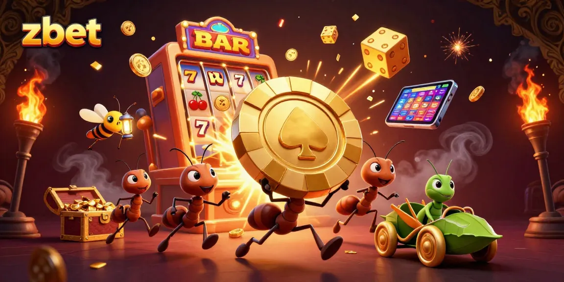 Zbet captures excitement with a dynamic scene of ants heisting a giant poker chip in a casino setting.