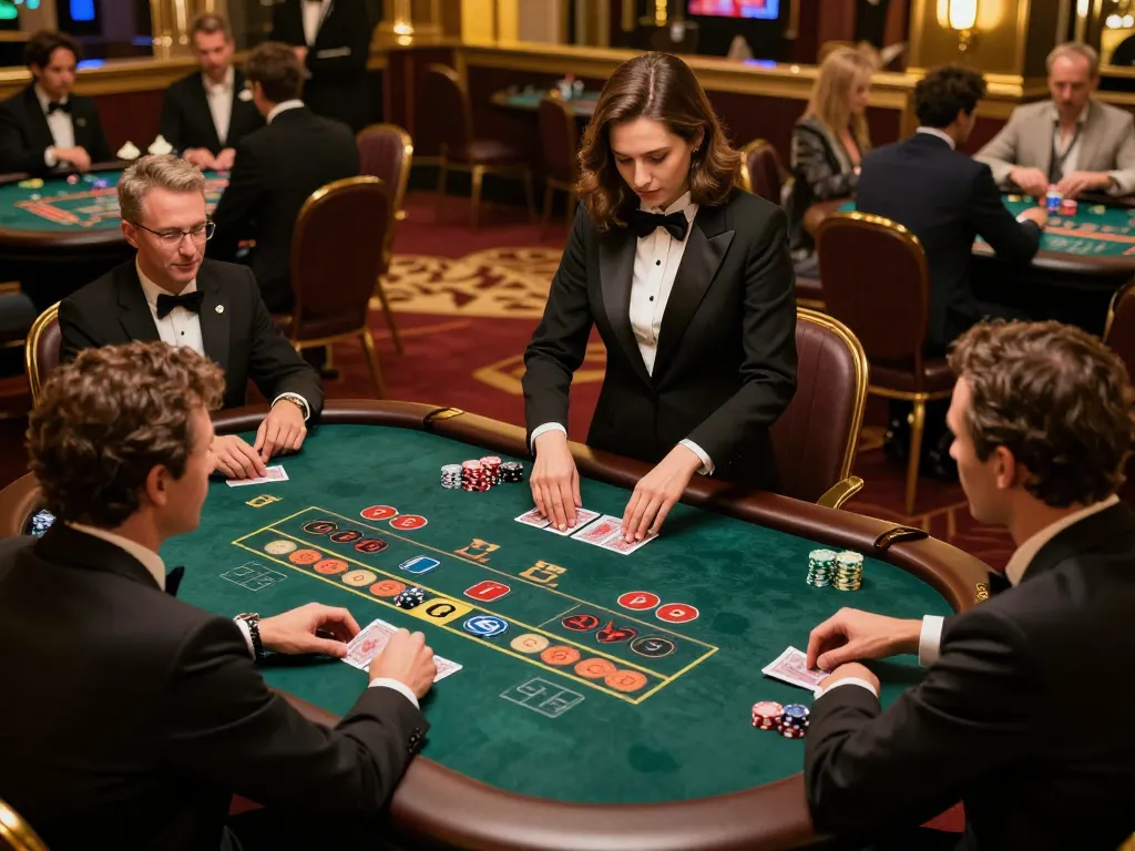 Players strategically betting at net88 baccarat table in an upscale casino atmosphere.