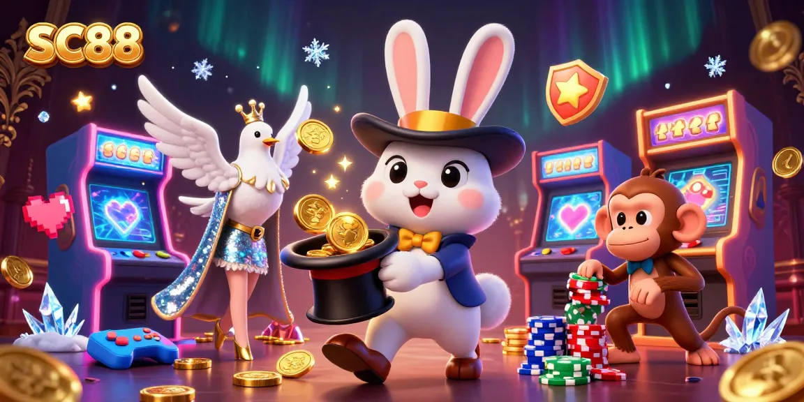 Experience thrilling gameplay at SC88 with a magician pulling coins and a monkey scooping poker chips.