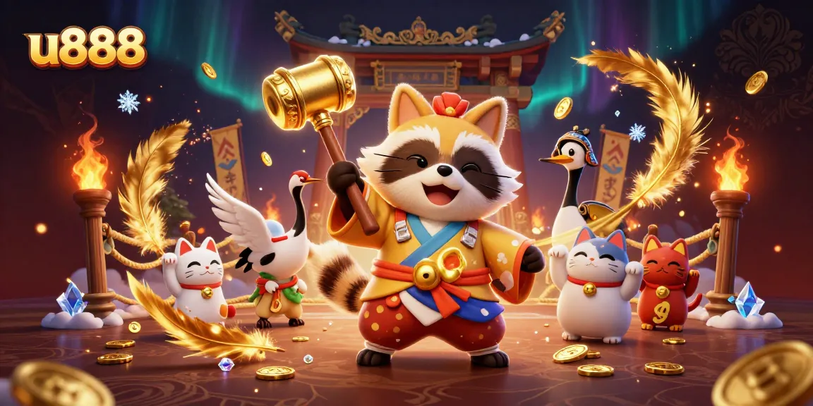 Engage in thrilling gameplay with u888's animated scene of luck featuring a tanuki and fortune cats.