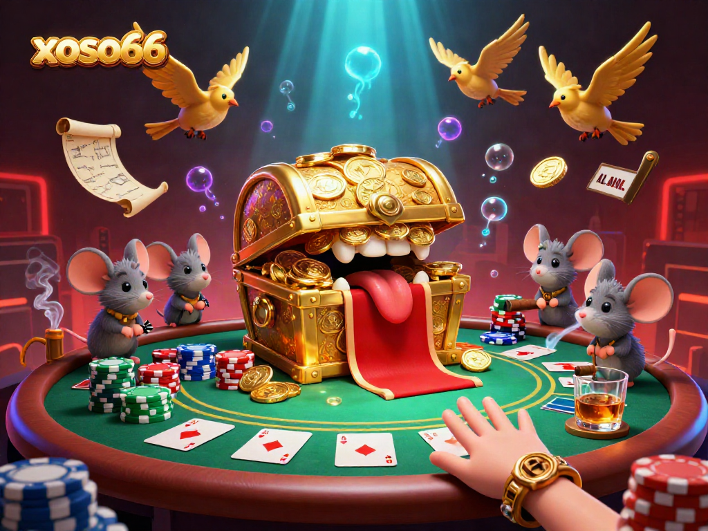 Engage with xoso66 in an exciting casino atmosphere filled with colorful poker elements and treasure.