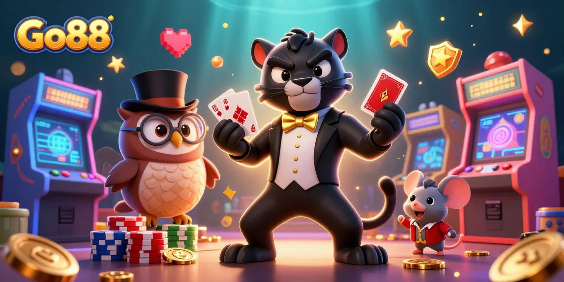 Experience the thrill of Go88 with an elegant panther dealer and whimsical casino characters!
