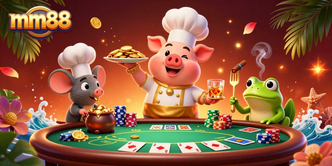 Experience thrilling gameplay at mm88 with a vibrant 3D casino scene featuring a chef pig and friends.