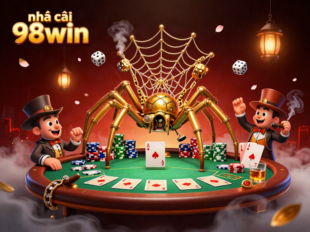 Experience the thrill at nhà cái 98win with a vibrant 3D scene of a golden spider in a poker web.