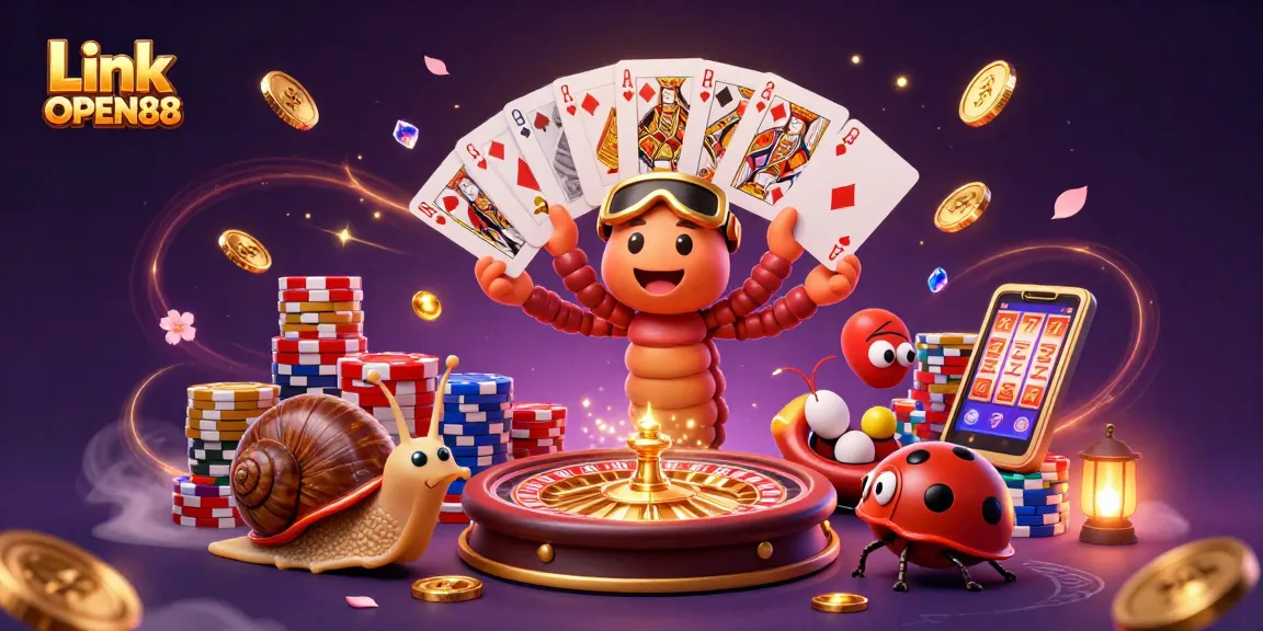 Experience excitement with Link OPEN88, featuring unique characters in a vibrant casino scene.
