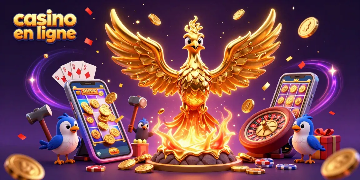 Casino en ligne avec un phoenix doré et des jeux éblouissants en arrière-plan.