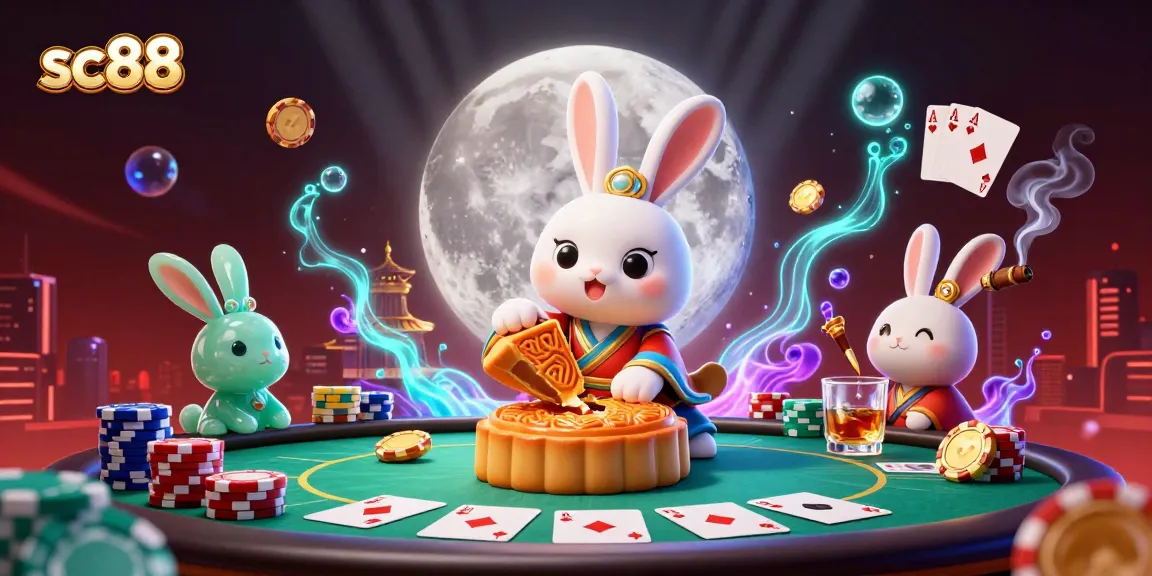 sc88 showcases a whimsical scene of a moon rabbit gambling among colorful poker chips and neon effects.