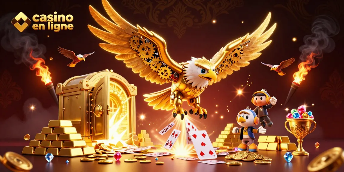 Plongez dans l'univers du casino en ligne avec un aigle doré et des cartes holographiques.