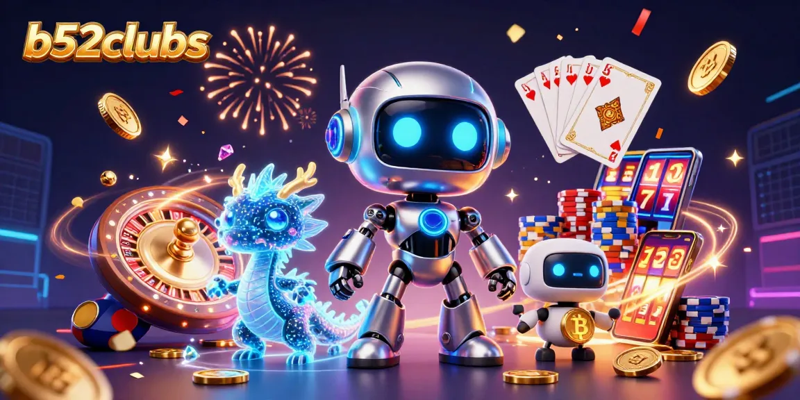Engage in thrilling gaming at b52clubss with dynamic elements including a robot mascot, coins, and slot machines.