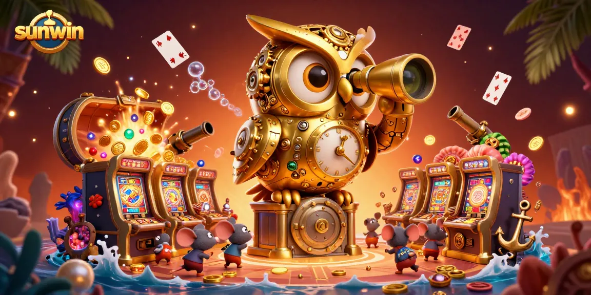 Experience thrilling moments at sunwin with a vibrant 3D casino illustration featuring lively characters and gaming elements.