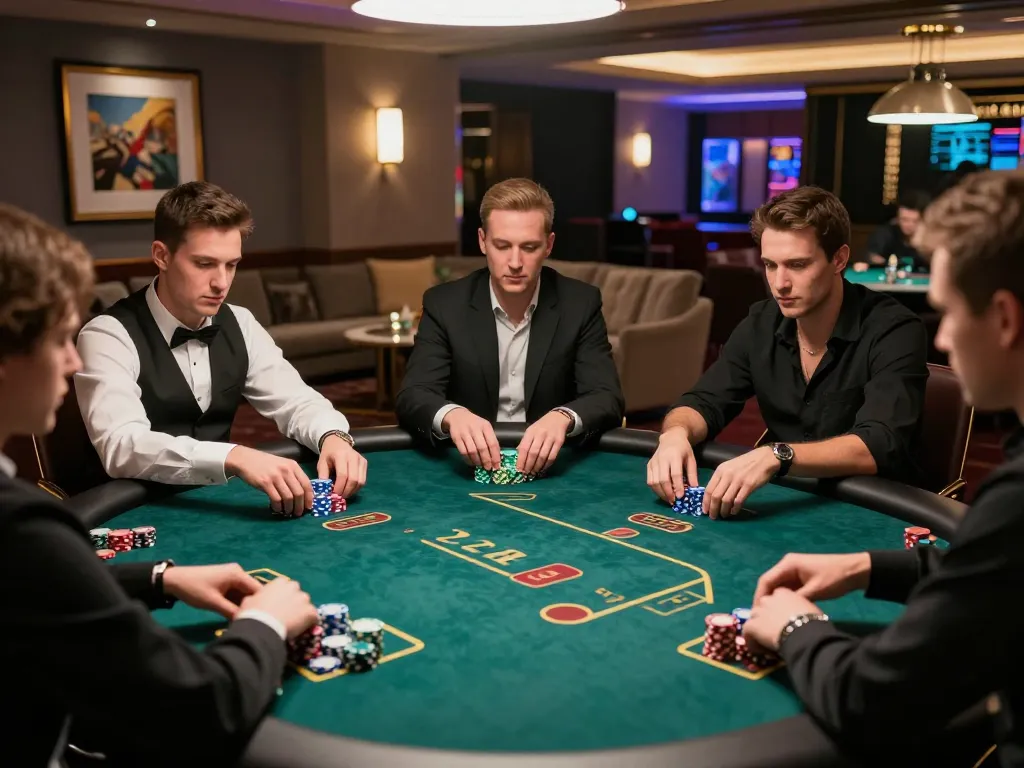 Players strategizing at a poker table in a luxurious setting, focused on winning at 79win.