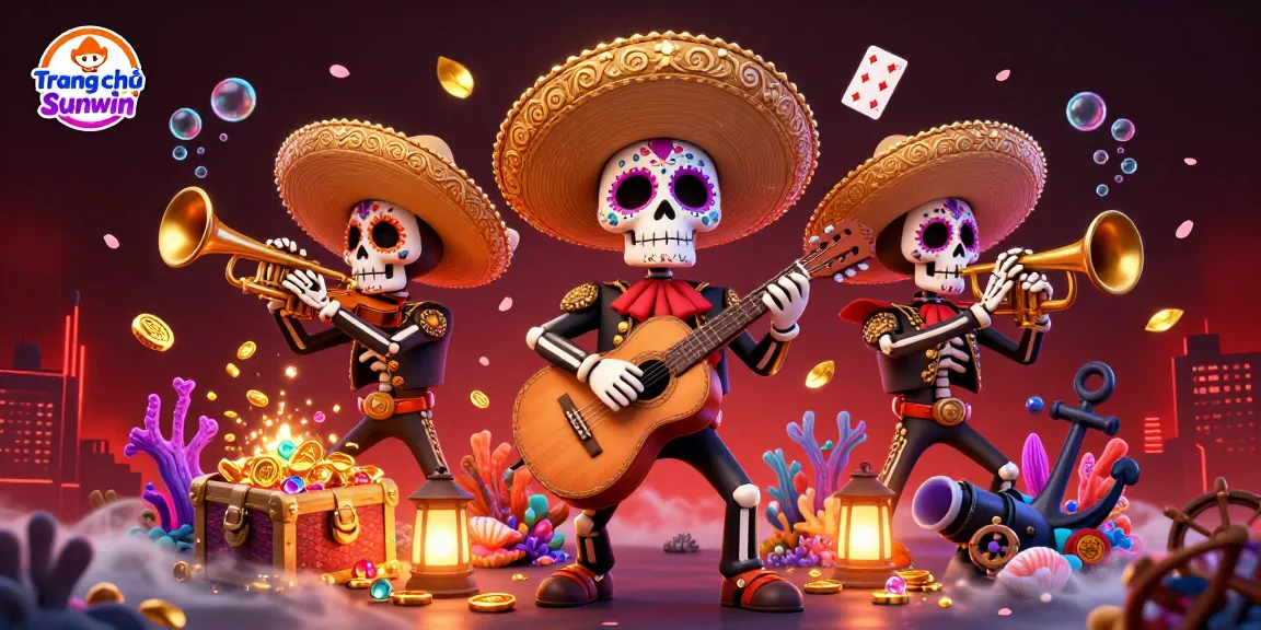 Experience thrilling games at Trang chủ Sunwin with a dynamic 3D illustration showcasing vibrant mariachis and underwater elements.