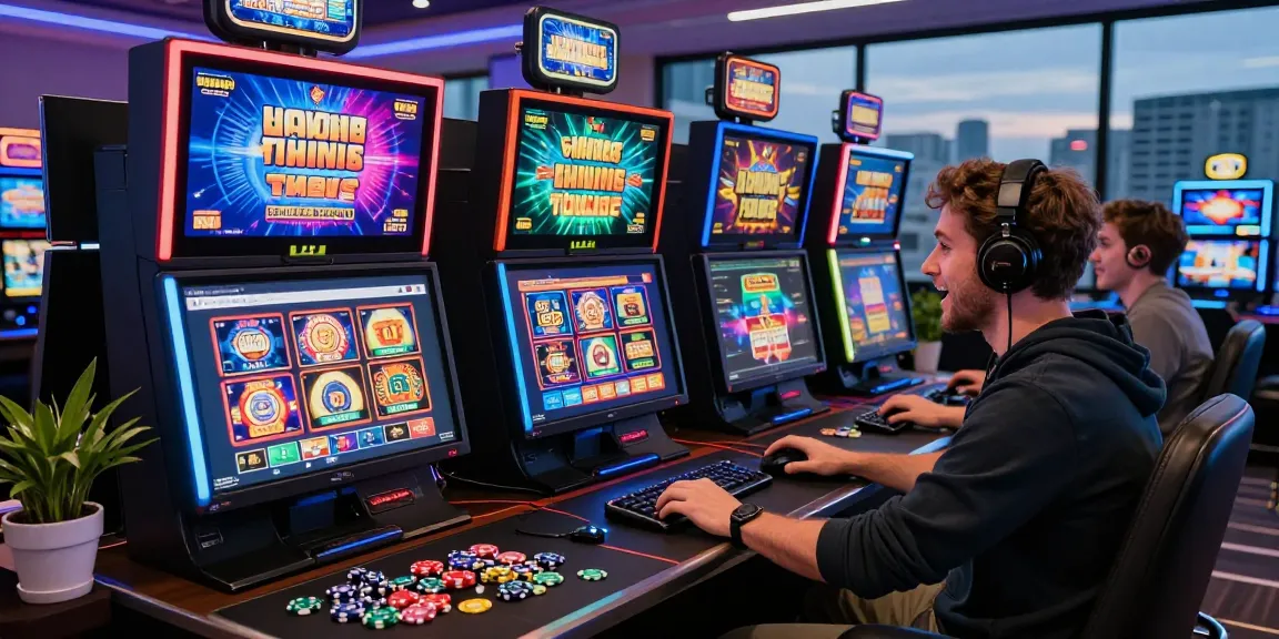 Player enjoying engaging gaming at uk casinos not on gamstop with vibrant slot machines and modern gaming setup.