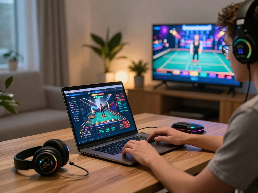 Giocatore che esplora siti non AAMS da casa, moderno ambiente di gioco con laptop e accessori di alta qualità.