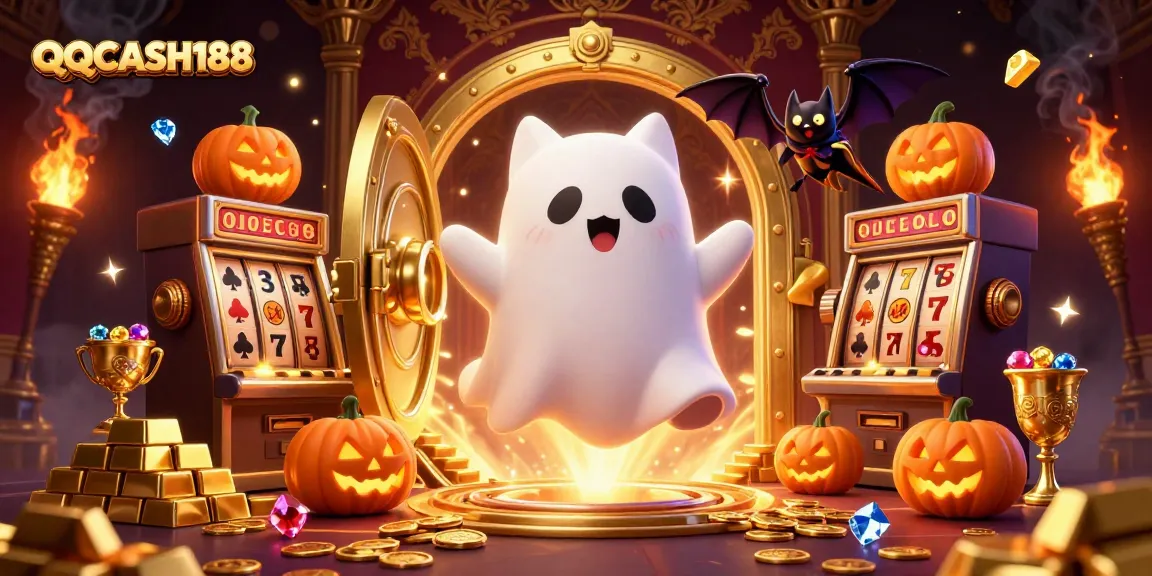 Celebrate winning at QQCASH188 with a lively ghost cat, vampire bat, and glittering casino treasures.