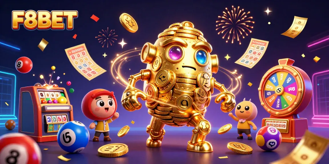 Experience F8BET with animated golden golem and vibrant lottery elements in a dynamic casino scene.