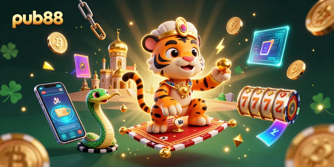 Experience the thrill of pub88 with a vibrant 3D casino scene featuring a tiger sultan and rich game elements.