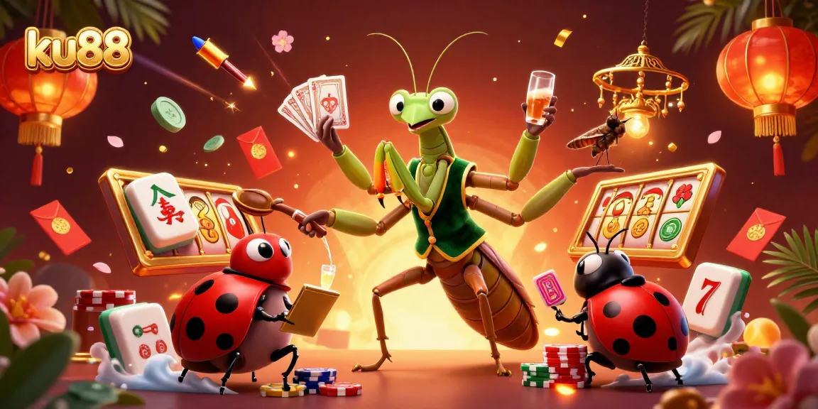 Engage with exciting casino action at ku88 featuring a cartoon mantis dealer and vibrant slot elements.