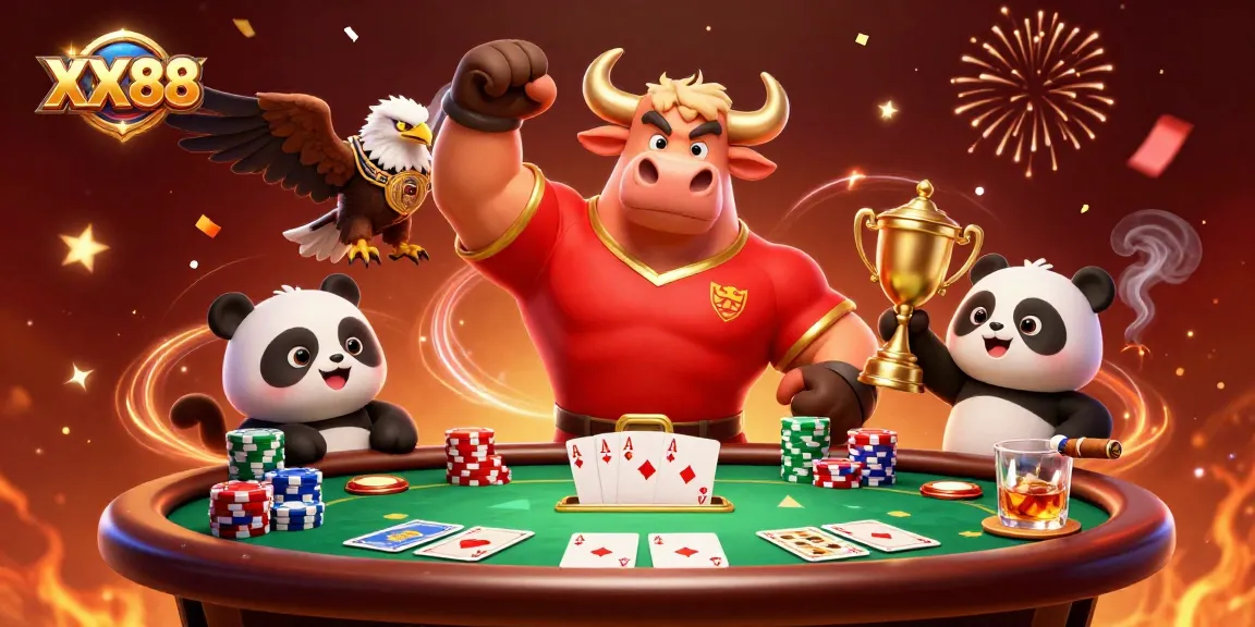 Engage in thrilling betting action with XX88's dynamic casino scene featuring vibrant characters and poker elements.