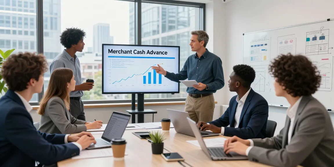 Team discussing strategies for merchant cash advance London in modern office.