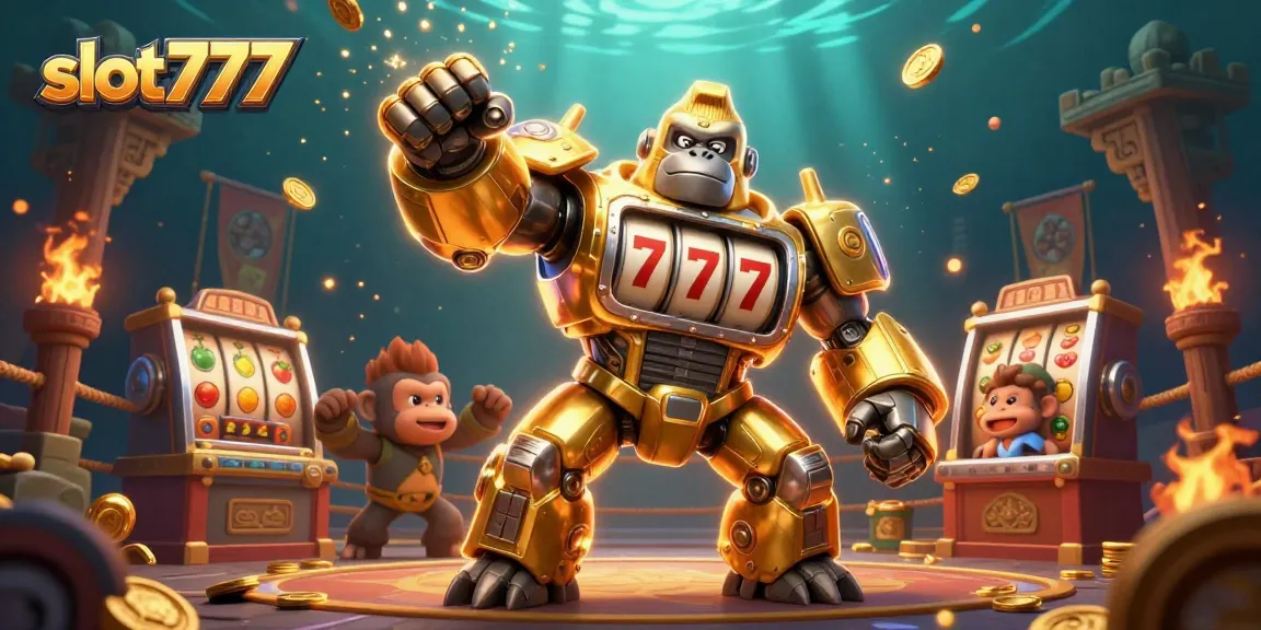 Experience the thrill of slot777 with a dynamic 3D illustration showcasing a gorilla mech amidst vibrant casino elements.