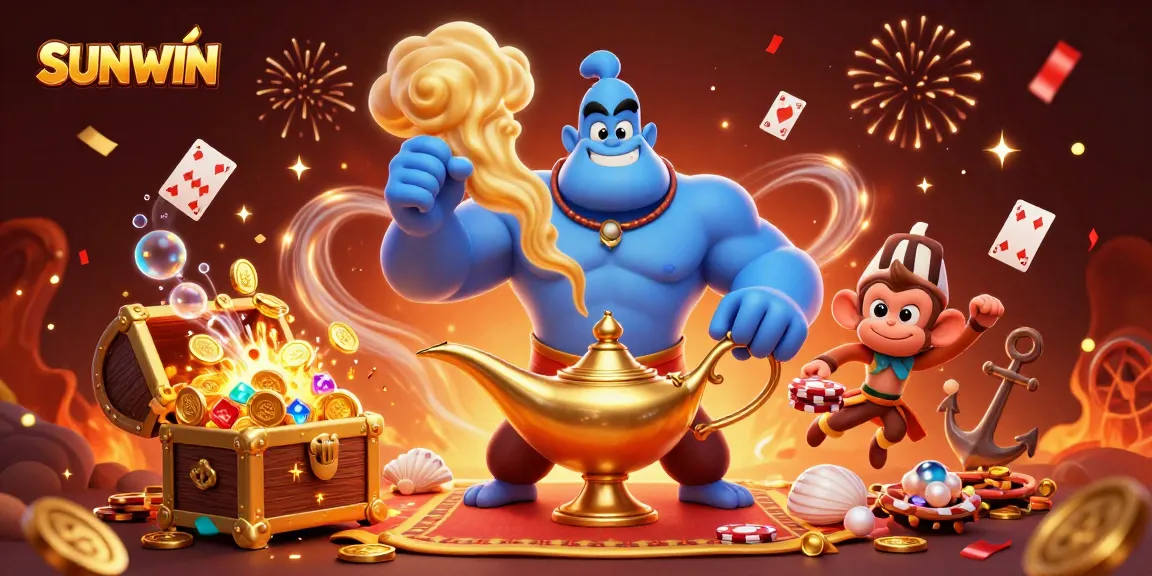 SUNWIN entertains with a magical scene of a genie, monkey, and poker chips in a vibrant casino setting.