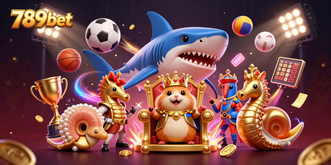 Experience thrilling action with 789bet, featuring a fierce golden hamster king atop a megalodon throne, surrounded by sports elements.
