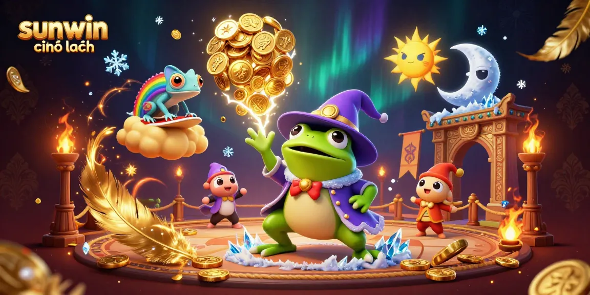 Experience the excitement of sunwin chính hãng with golden coins showering from a wizard frog, showcasing a vibrant casino world.