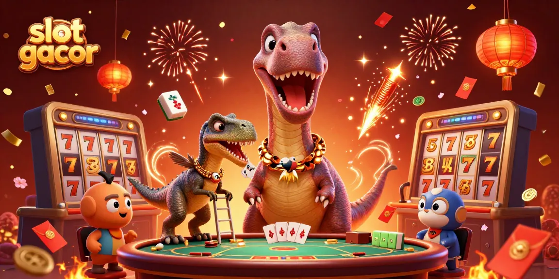 Engage in slot gacor action with a dynamic casino scene featuring a giant brontosaurus and a raptor dealer.