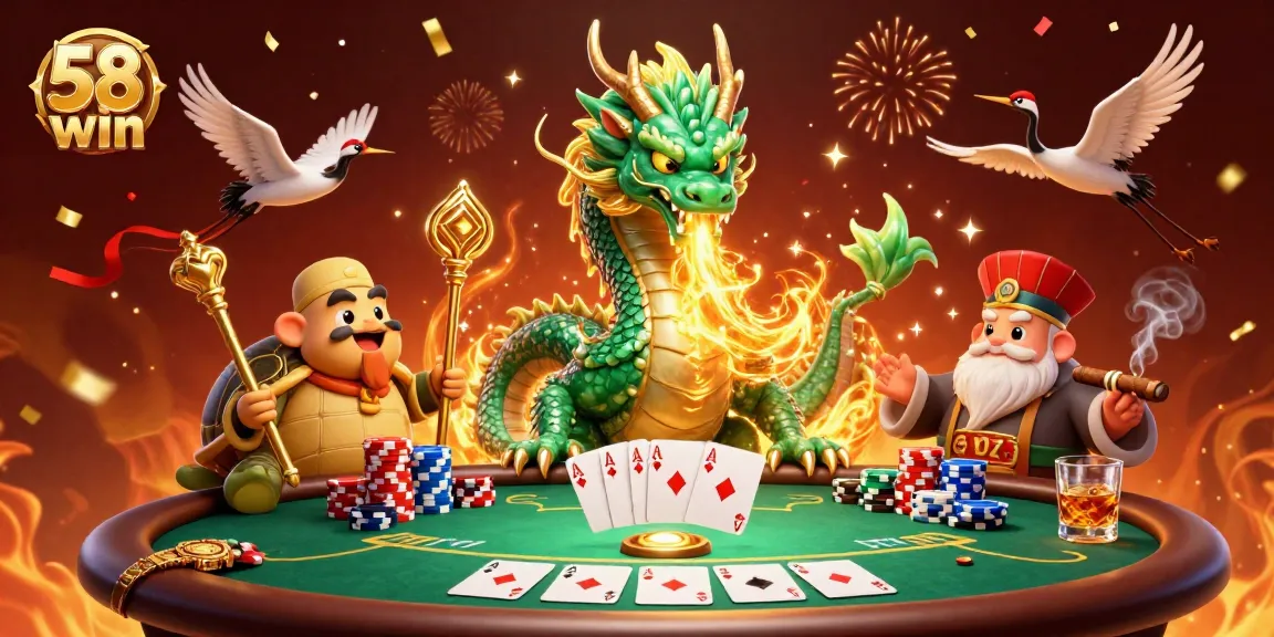 Experience thrilling gameplay with 58win, featuring epic characters amidst poker action and dynamic visuals.