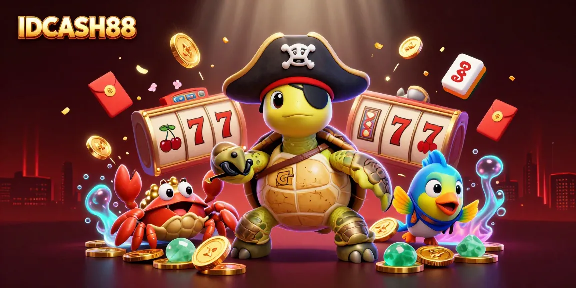 Experience thrilling gameplay with IDCASH88 as pirate turtle, hermit crab, and parrotfish celebrate above treasure.
