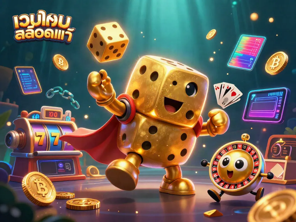 Engage with เว็บเกมสล็อตแท้ while exploring dynamic slot scenes featuring golden dice and vibrant coins.