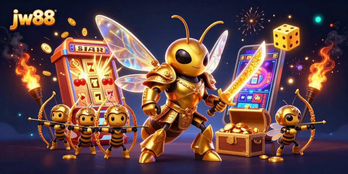 Experience thrilling slots at jw88 with dynamic 3D gaming elements and vibrant golden hornet characters.