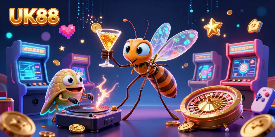Engage with UK88’s vibrant gaming world featuring an amber mosquito mascot, trilobite DJ, and golden roulette wheel.
