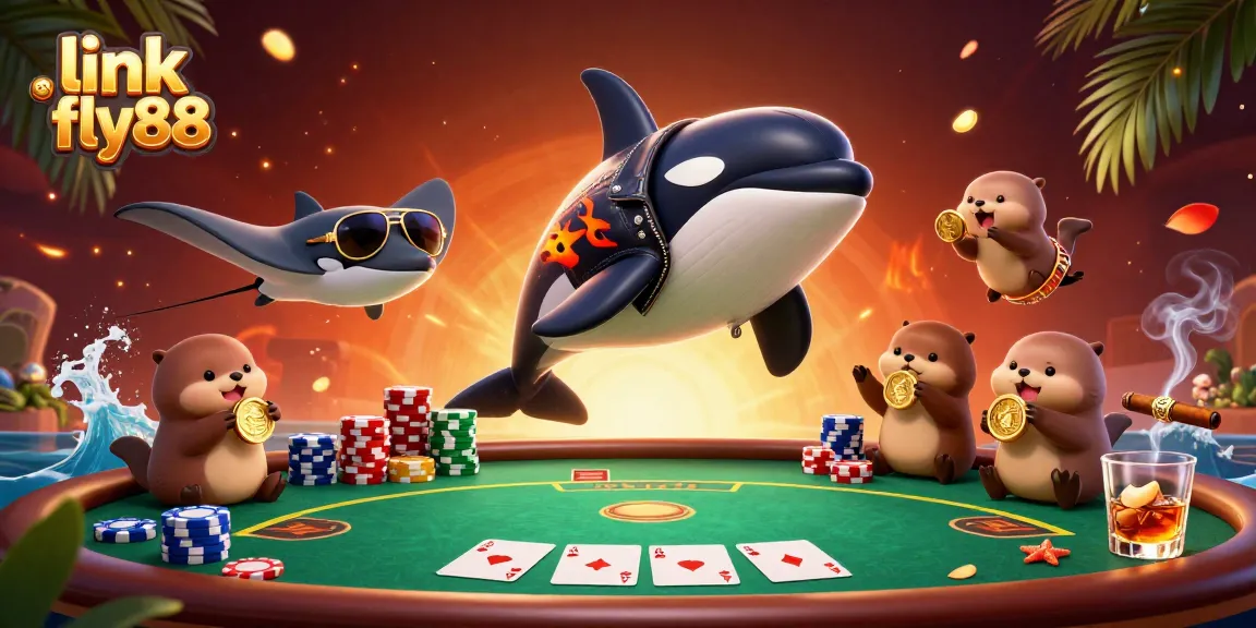 Join the excitement at link fly88 with an orca whale, stingray, and otters in a vibrant casino scene.
