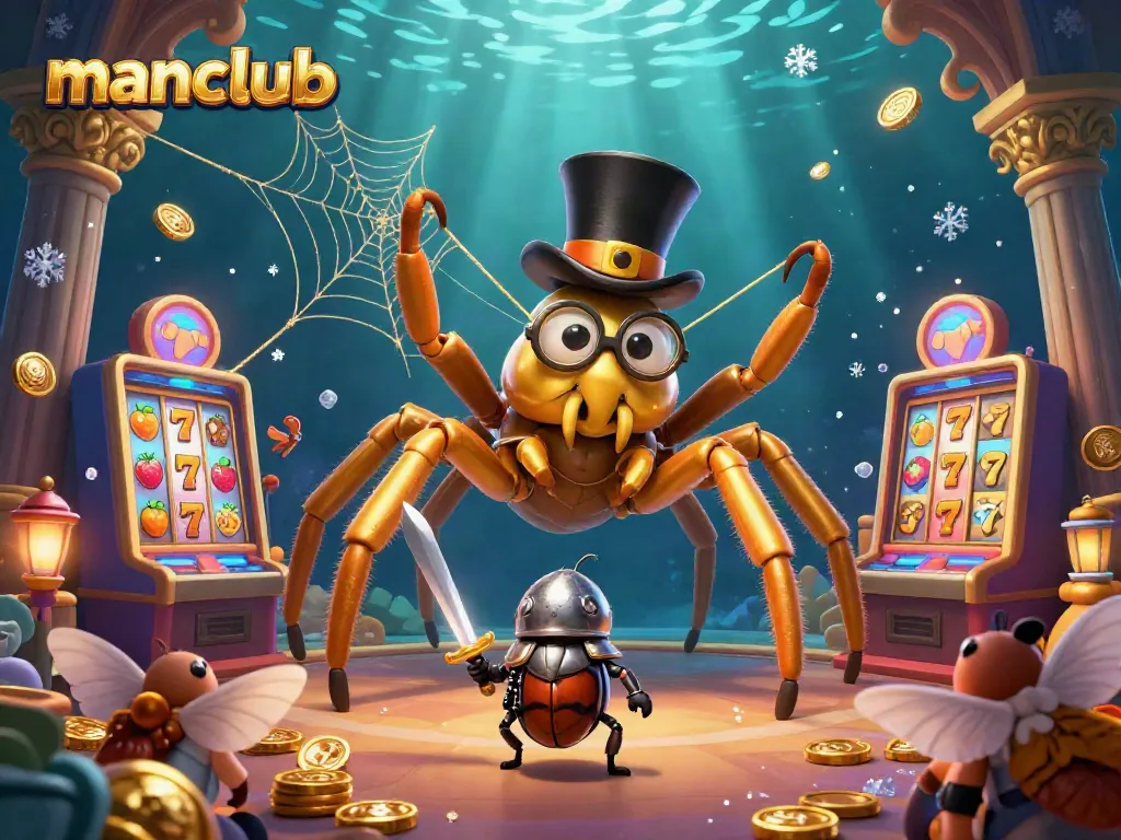 Engage with the manclub as a giant tarantula weaves golden threads around slot machines, illustrating vibrant casino excitement.