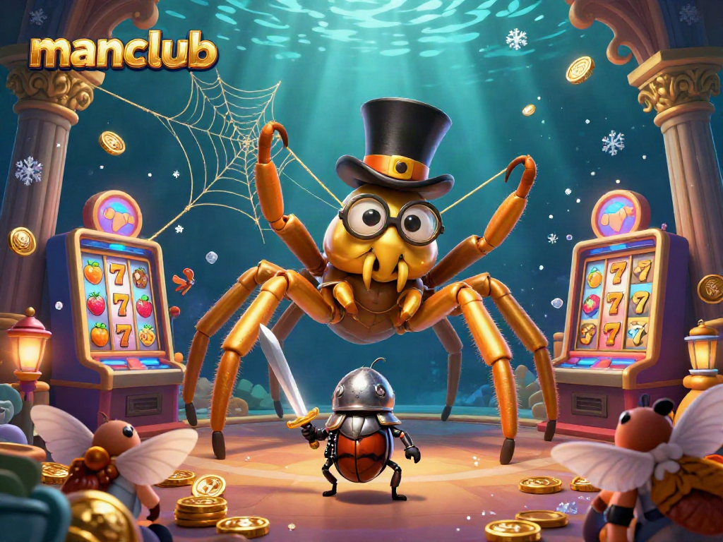 Engage with the manclub as a giant tarantula weaves golden threads around slot machines, illustrating vibrant casino excitement.