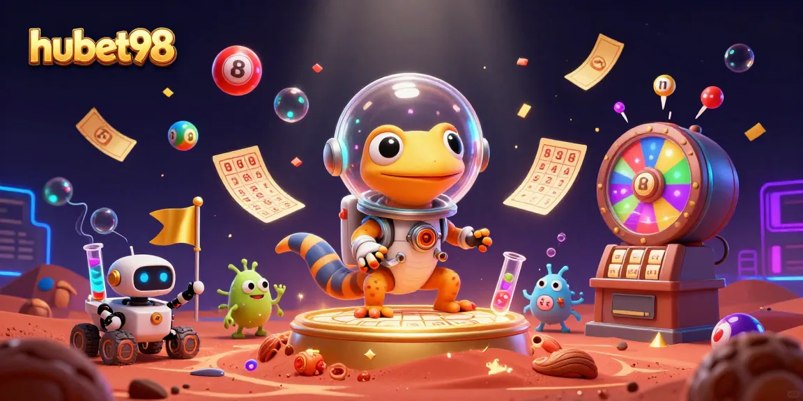 Play lottery games on hubet98 with vibrant elements, featuring a Martian gecko in a casino scene