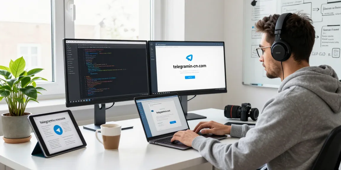 Developer optimizing telegramin-cn.com features in a bright workspace, showcasing tech tools and a user-friendly interface.