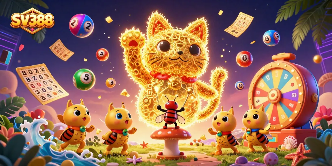 Engage with SV388's dynamic cockfighting action in this vibrant 3D illustration showcasing a lucky cat.