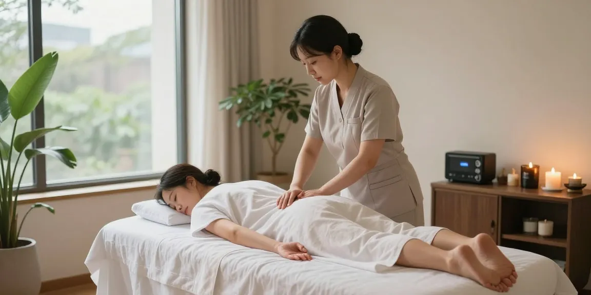 Relaxing 서울출장마사지 scene with therapist and serene spa atmosphere, highlighting wellness and tranquility