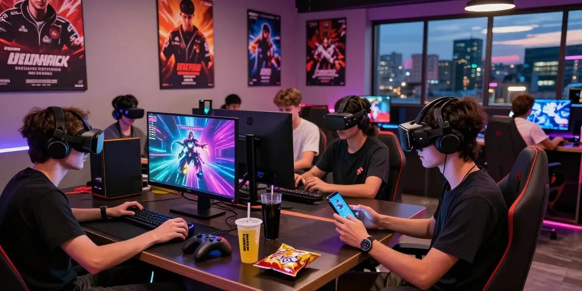 LUXURY777 Link Alternatif dalam suasana lounge bermain game modern dengan pengunjung yang asyik bermain konsol dan VR.