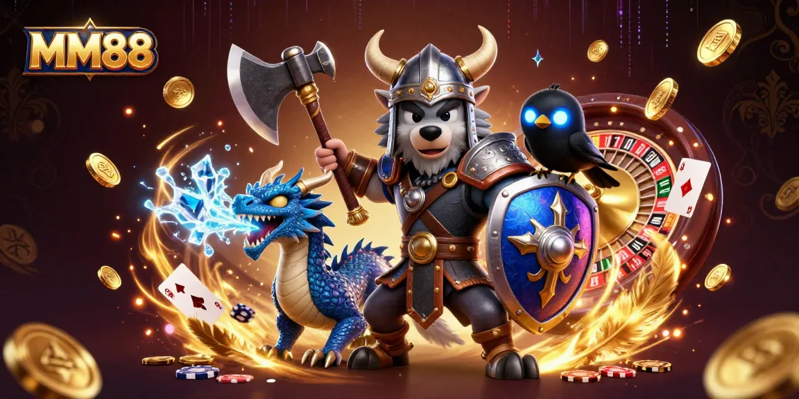Experience thrilling moments at MM88 with a fierce wolf warrior, dragon, and vibrant casino elements.