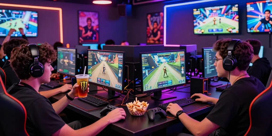 Players enjoying a game night with B52 cup filled with energy drink in a vibrant gaming lounge.