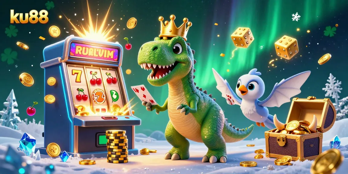ku88 logo in a vibrant casino scene with a T-Rex card shuffling and a pterodactyl assisting.