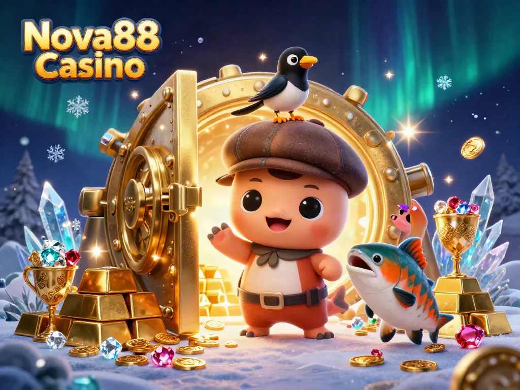 Experience the excitement of Nova88 Casino with playful characters amidst gold treasures.
