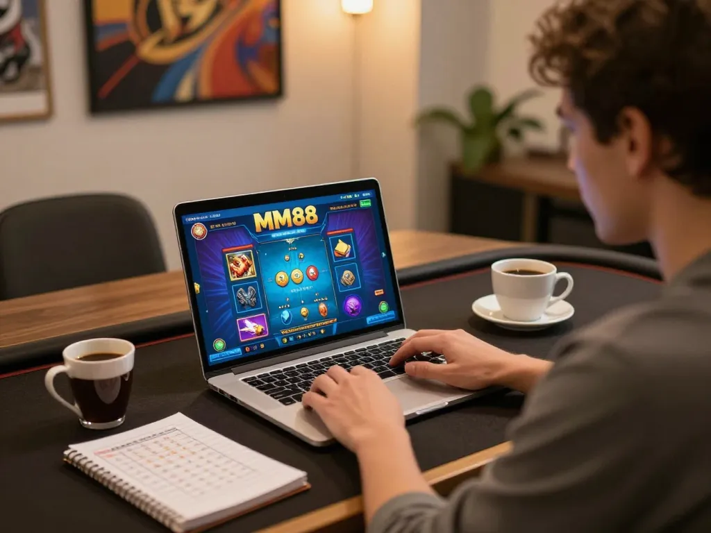Player engaged in an online MM88 game on laptop, showcasing gaming strategies for better odds.
